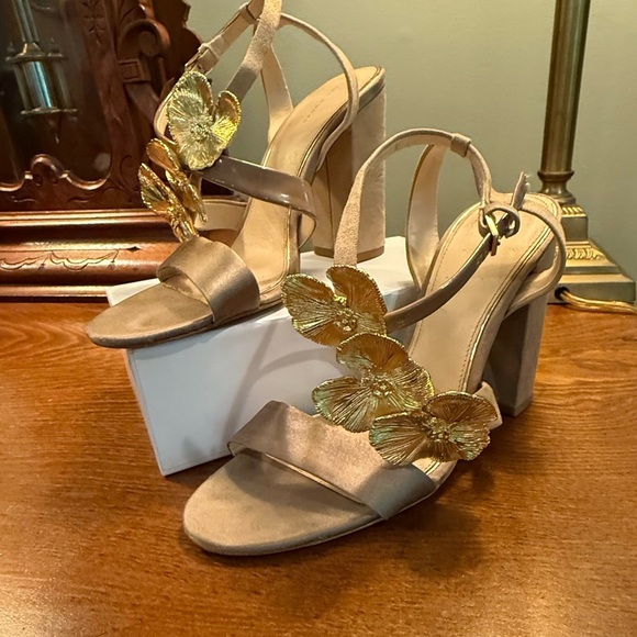 Zara Tan Satin/Suede Gold Orchid Sandals w/ 4” Block Heel Size 38/8 MSRP $198 - Picture 2 of 13